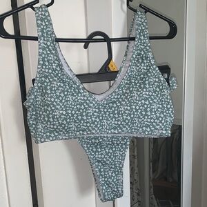 SHEIN Sage Green Floral Ribbed/High Cut Two-Piece Bikini